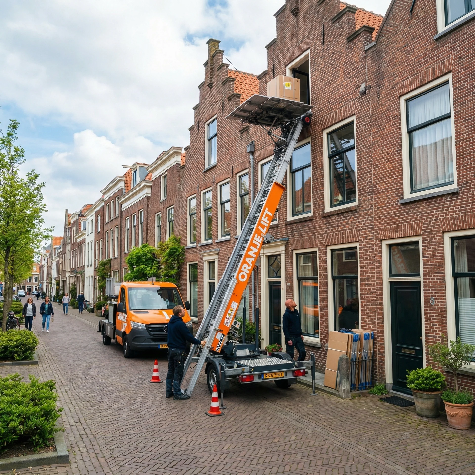Aanhangerlift in gebruik bij woning in Haarlem